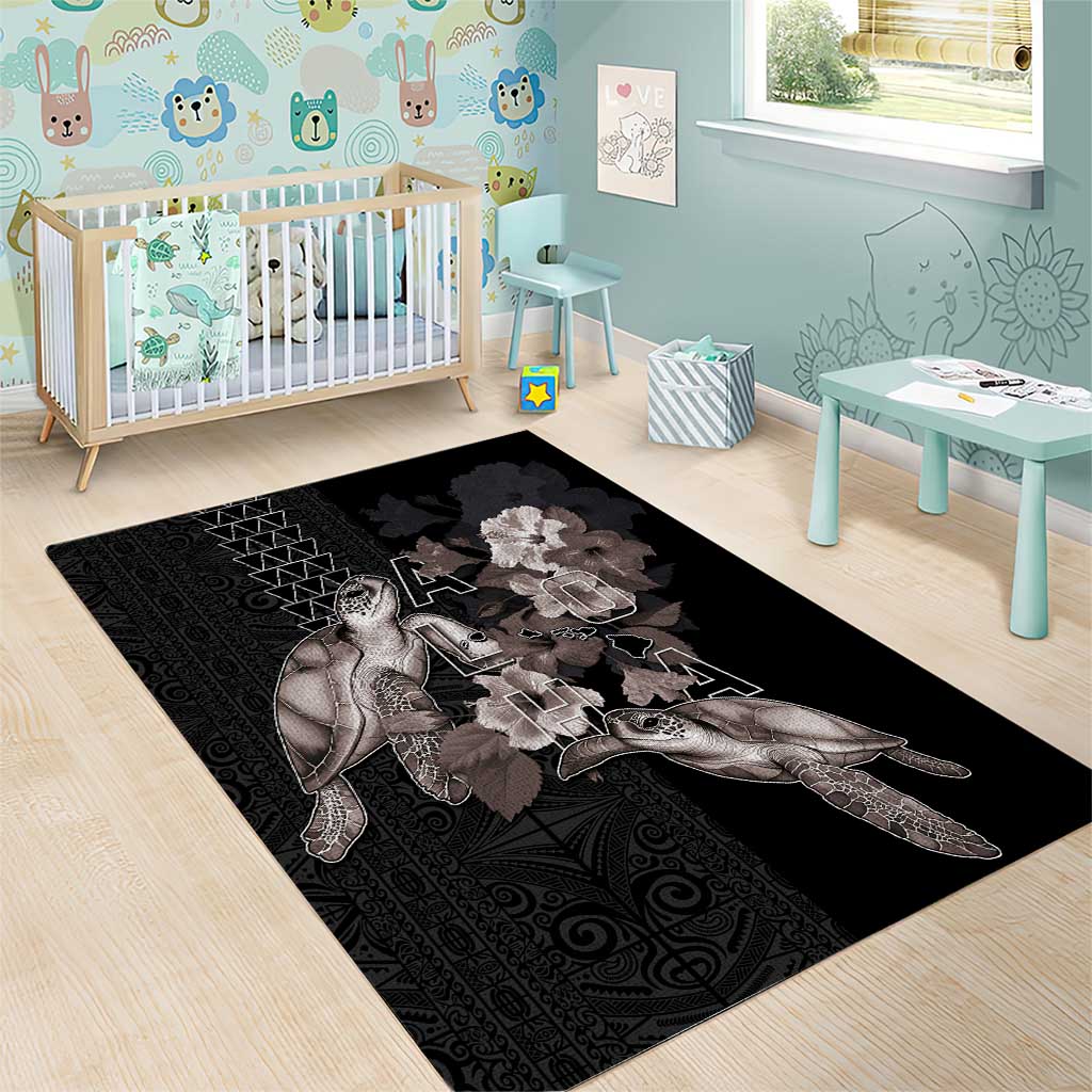 Hawaii Aloha Turtle Hibiscus and Leaves Area Rug with Polynesian and Kakau Tattoos Black Color - Polynesian Pride