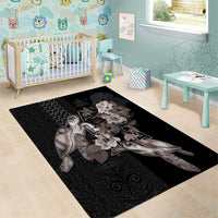 Hawaii Aloha Turtle Hibiscus and Leaves Area Rug with Polynesian and Kakau Tattoos Black Color - Polynesian Pride