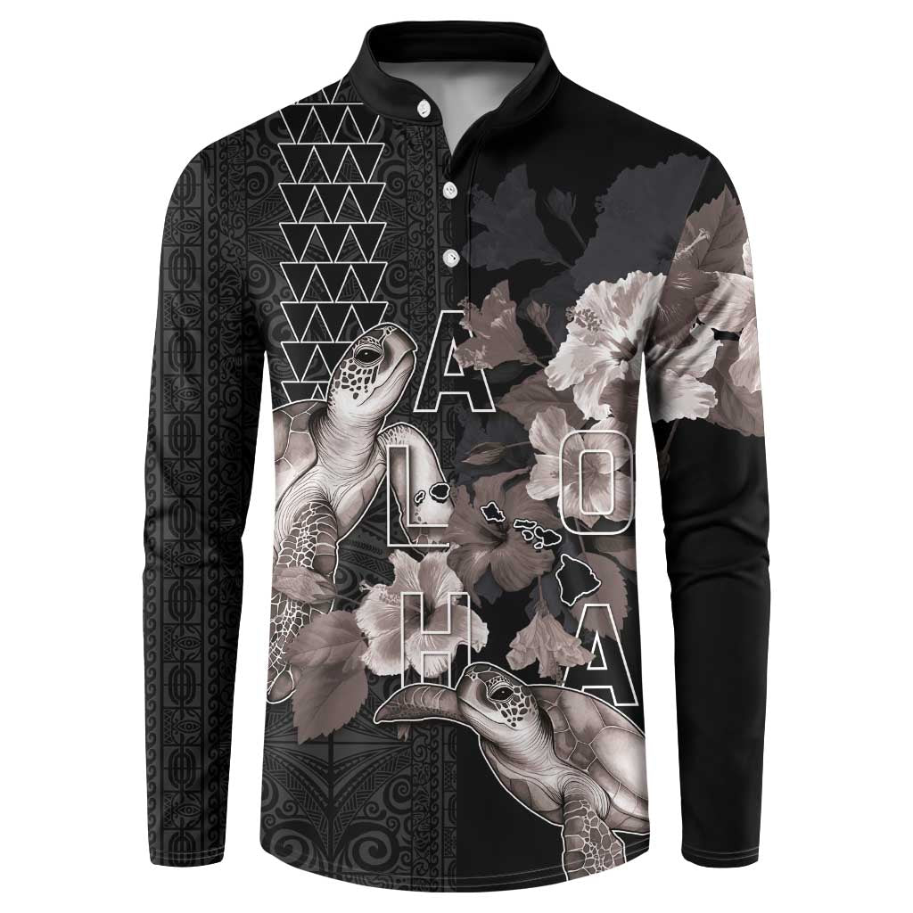 Hawaii Aloha Turtle Hibiscus and Leaves Button Sweatshirt with Polynesian and Kakau Tattoos Black Color - Polynesian Pride