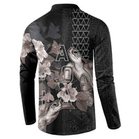 Hawaii Aloha Turtle Hibiscus and Leaves Button Sweatshirt with Polynesian and Kakau Tattoos Black Color - Polynesian Pride