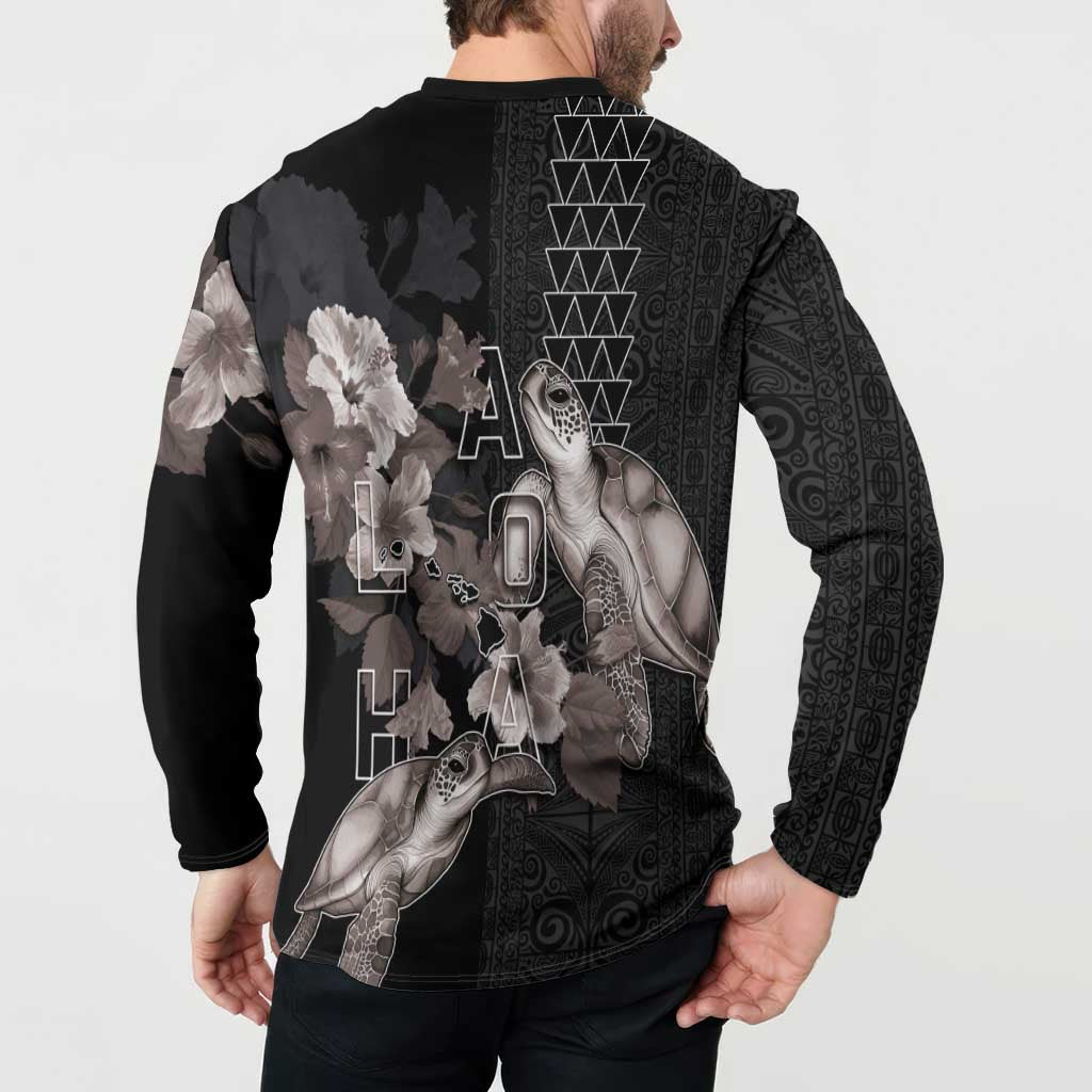 Hawaii Aloha Turtle Hibiscus and Leaves Button Sweatshirt with Polynesian and Kakau Tattoos Black Color - Polynesian Pride