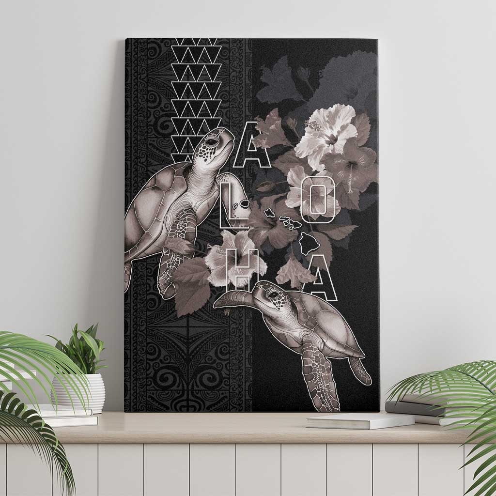 Hawaii Aloha Turtle Hibiscus and Leaves Canvas Wall Art with Polynesian and Kakau Tattoos Black Color - Polynesian Pride