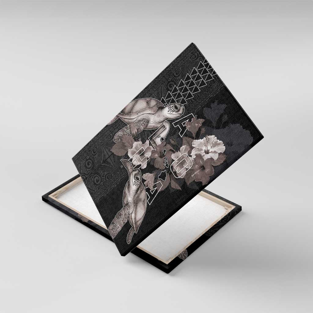 Hawaii Aloha Turtle Hibiscus and Leaves Canvas Wall Art with Polynesian and Kakau Tattoos Black Color - Polynesian Pride