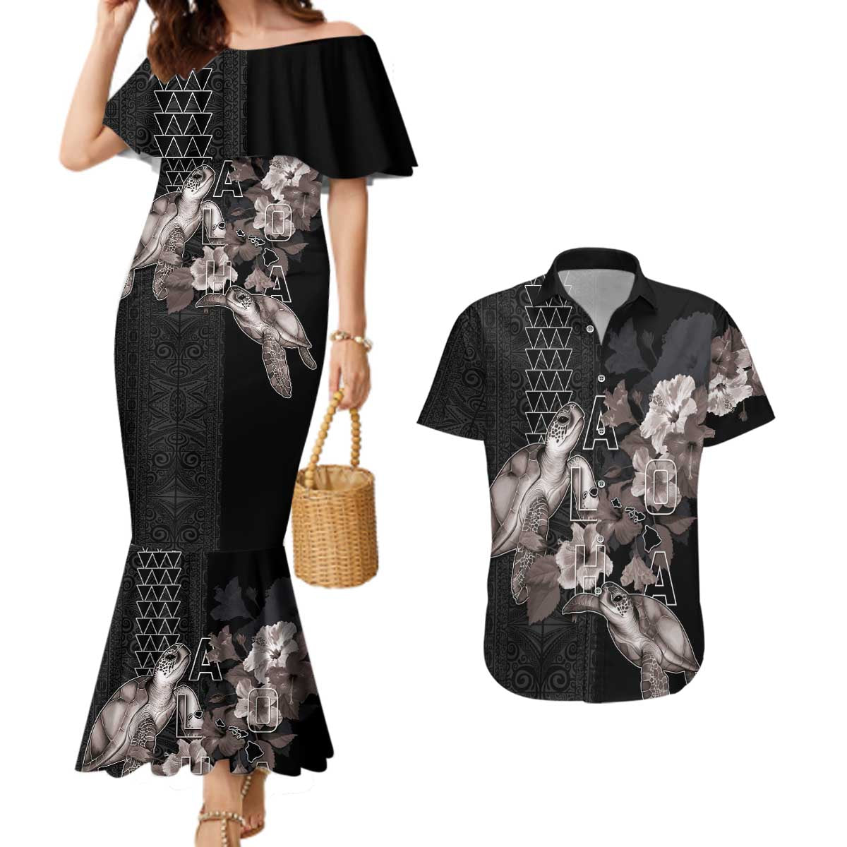 Hawaii Aloha Turtle Hibiscus and Leaves Couples Matching Mermaid Dress and Hawaiian Shirt with Polynesian and Kakau Tattoos Black Color - Polynesian Pride
