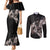 Hawaii Aloha Turtle Hibiscus and Leaves Couples Matching Mermaid Dress and Long Sleeve Button Shirt with Polynesian and Kakau Tattoos Black Color - Polynesian Pride