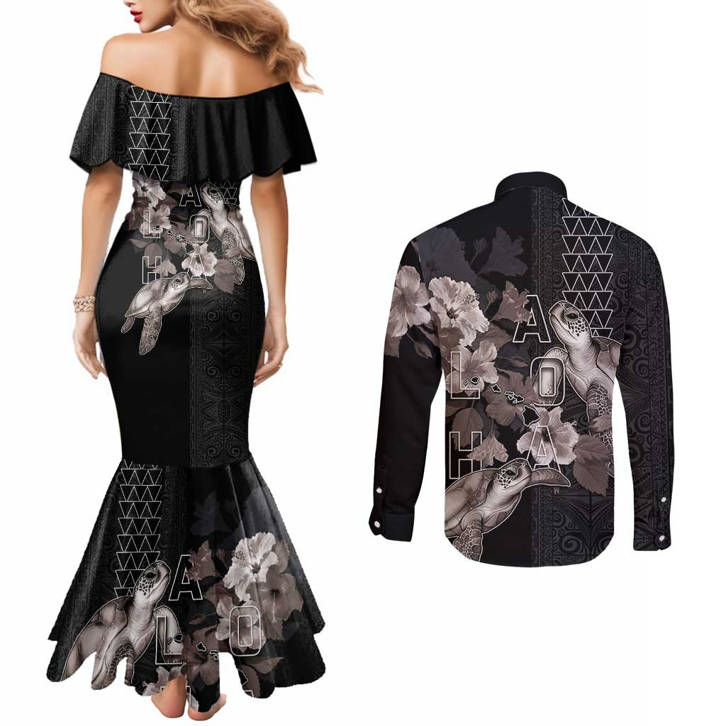 Hawaii Aloha Turtle Hibiscus and Leaves Couples Matching Mermaid Dress and Long Sleeve Button Shirt with Polynesian and Kakau Tattoos Black Color - Polynesian Pride