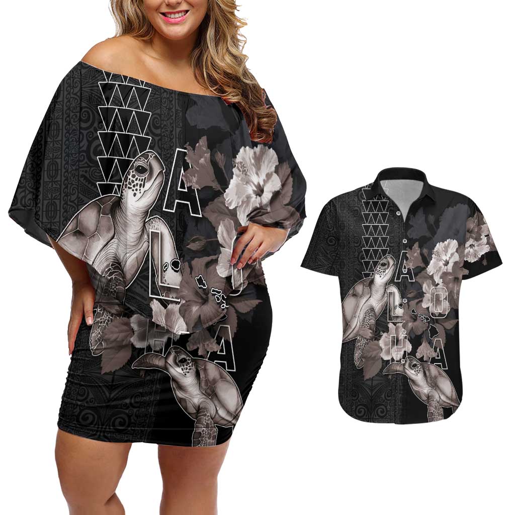 Hawaii Aloha Turtle Hibiscus and Leaves Couples Matching Off Shoulder Short Dress and Hawaiian Shirt with Polynesian and Kakau Tattoos Black Color - Polynesian Pride