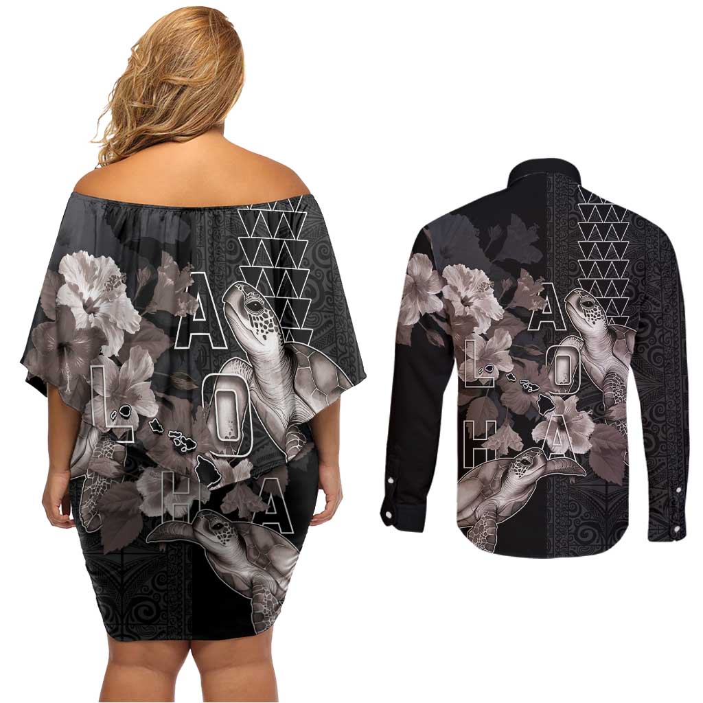 Hawaii Aloha Turtle Hibiscus and Leaves Couples Matching Off Shoulder Short Dress and Long Sleeve Button Shirt with Polynesian and Kakau Tattoos Black Color - Polynesian Pride