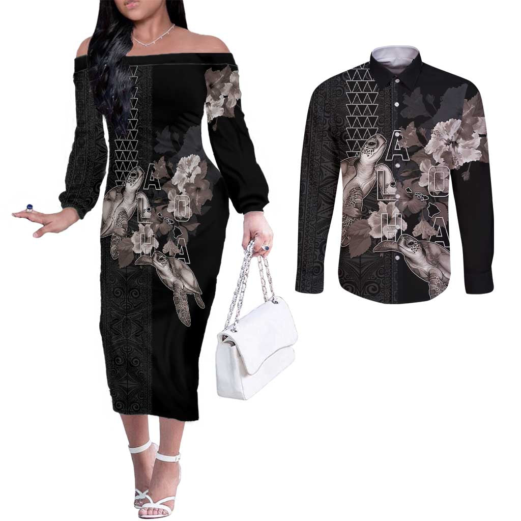 Hawaii Aloha Turtle Hibiscus and Leaves Couples Matching Off The Shoulder Long Sleeve Dress and Long Sleeve Button Shirt with Polynesian and Kakau Tattoos Black Color - Polynesian Pride