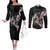 Hawaii Aloha Turtle Hibiscus and Leaves Couples Matching Off The Shoulder Long Sleeve Dress and Long Sleeve Button Shirt with Polynesian and Kakau Tattoos Black Color - Polynesian Pride