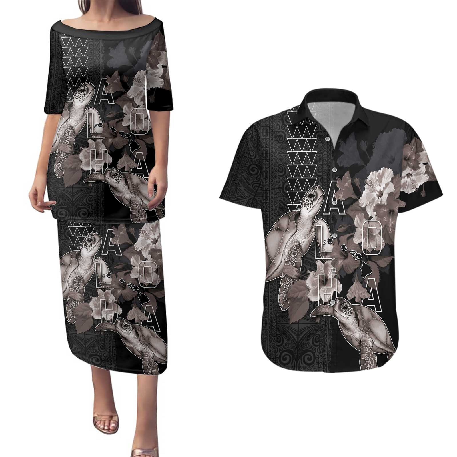Hawaii Aloha Turtle Hibiscus and Leaves Couples Matching Puletasi and Hawaiian Shirt with Polynesian and Kakau Tattoos Black Color - Polynesian Pride