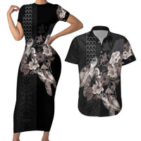 Hawaii Aloha Turtle Hibiscus and Leaves Couples Matching Short Sleeve Bodycon Dress and Hawaiian Shirt with Polynesian and Kakau Tattoos Black Color - Polynesian Pride