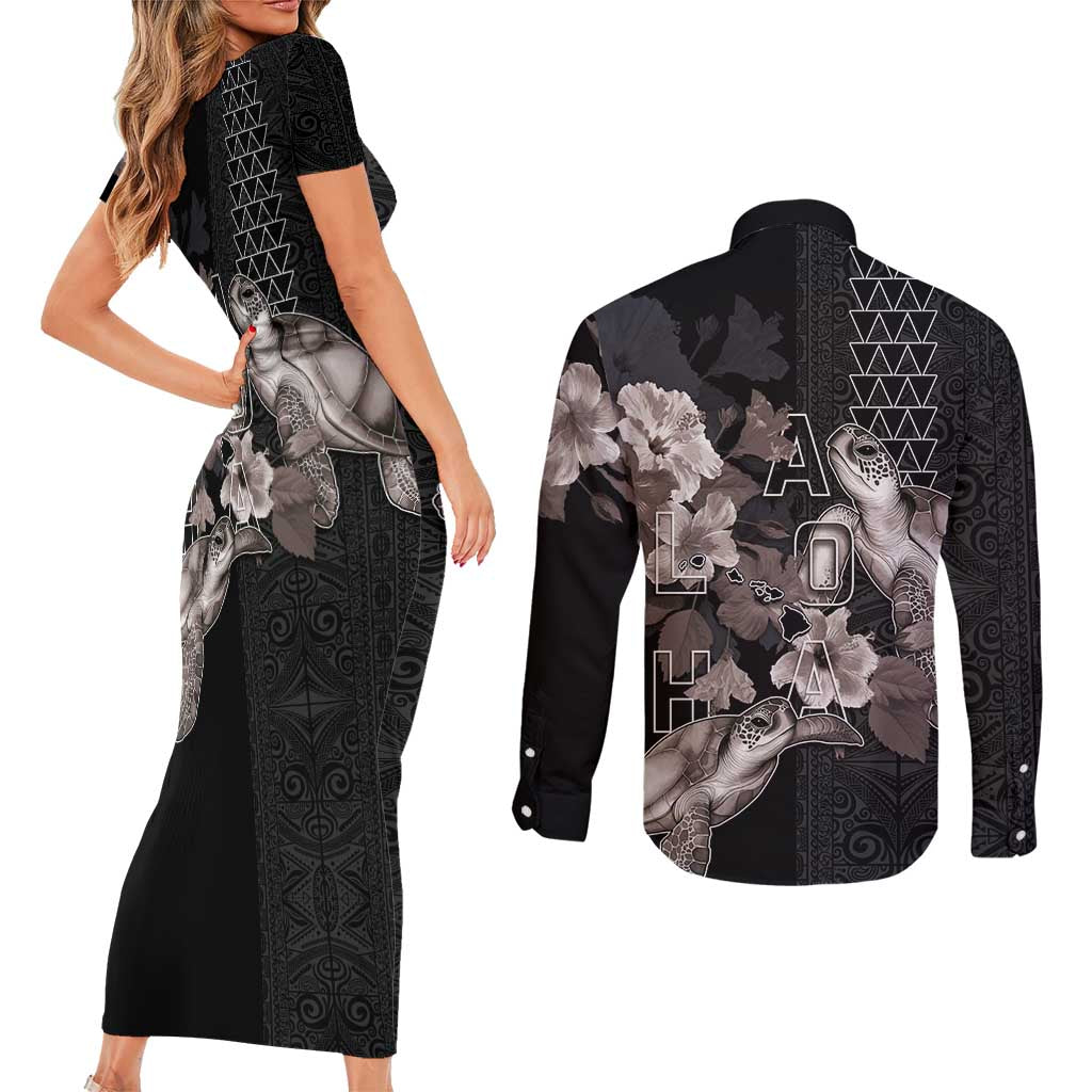 Hawaii Aloha Turtle Hibiscus and Leaves Couples Matching Short Sleeve Bodycon Dress and Long Sleeve Button Shirt with Polynesian and Kakau Tattoos Black Color - Polynesian Pride