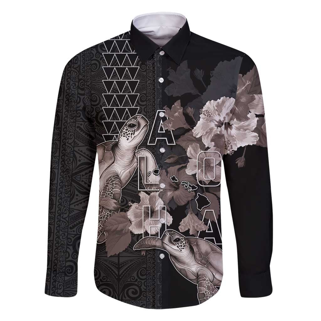 Hawaii Aloha Turtle Hibiscus and Leaves Family Matching Long Sleeve Bodycon Dress and Hawaiian Shirt with Polynesian and Kakau Tattoos Black Color - Polynesian Pride