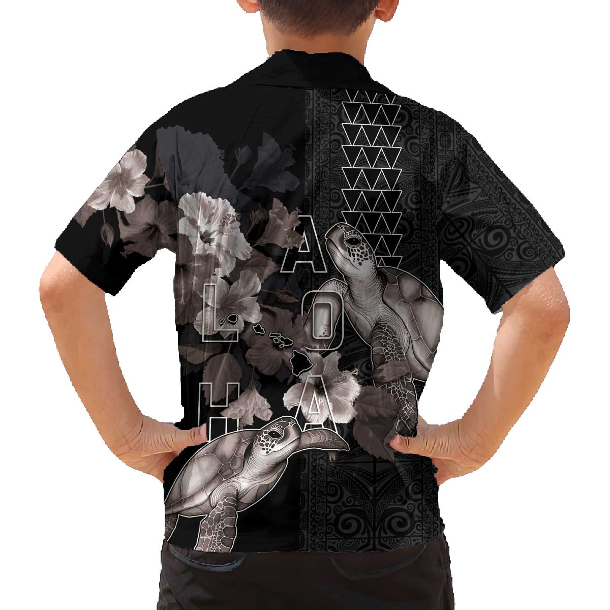 Hawaii Aloha Turtle Hibiscus and Leaves Family Matching Off The Shoulder Long Sleeve Dress and Hawaiian Shirt with Polynesian and Kakau Tattoos Black Color - Polynesian Pride