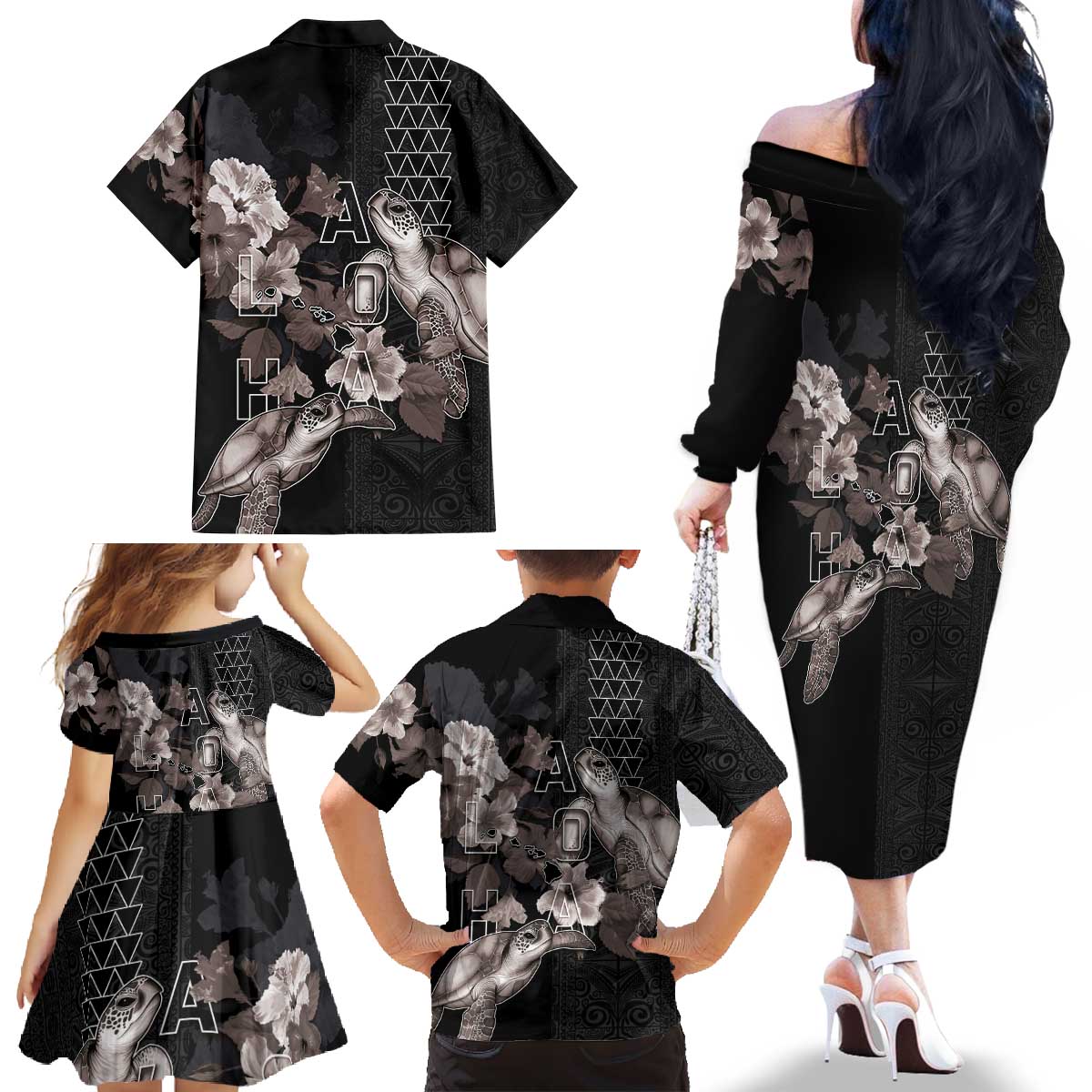 Hawaii Aloha Turtle Hibiscus and Leaves Family Matching Off The Shoulder Long Sleeve Dress and Hawaiian Shirt with Polynesian and Kakau Tattoos Black Color - Polynesian Pride