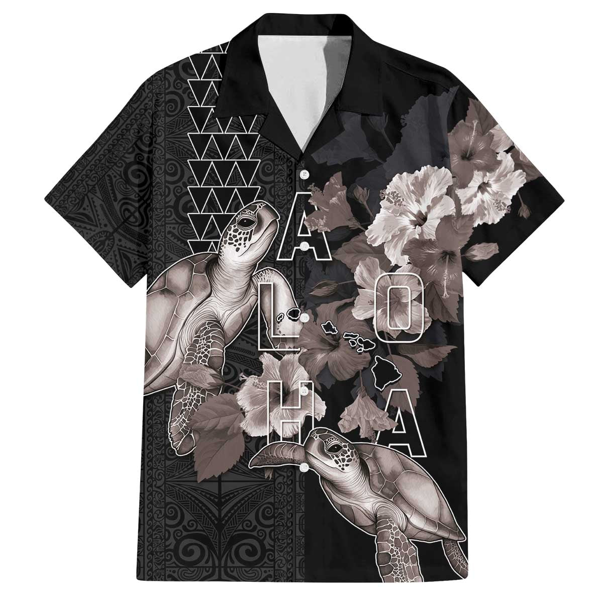 Hawaii Aloha Turtle Hibiscus and Leaves Family Matching Off The Shoulder Long Sleeve Dress and Hawaiian Shirt with Polynesian and Kakau Tattoos Black Color - Polynesian Pride
