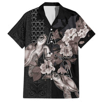 Hawaii Aloha Turtle Hibiscus and Leaves Family Matching Off The Shoulder Long Sleeve Dress and Hawaiian Shirt with Polynesian and Kakau Tattoos Black Color - Polynesian Pride