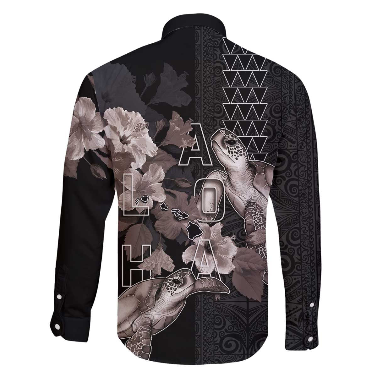 Hawaii Aloha Turtle Hibiscus and Leaves Family Matching Off The Shoulder Long Sleeve Dress and Hawaiian Shirt with Polynesian and Kakau Tattoos Black Color - Polynesian Pride