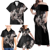 Hawaii Aloha Turtle Hibiscus and Leaves Family Matching Off Shoulder Maxi Dress and Hawaiian Shirt with Polynesian and Kakau Tattoos Black Color - Polynesian Pride