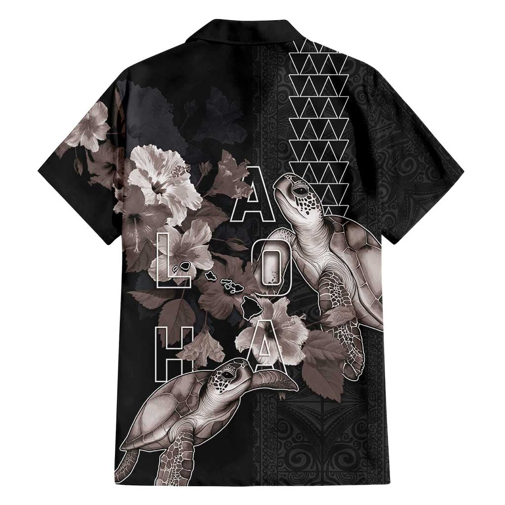 Hawaii Aloha Turtle Hibiscus and Leaves Family Matching Off Shoulder Maxi Dress and Hawaiian Shirt with Polynesian and Kakau Tattoos Black Color - Polynesian Pride