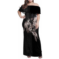 Hawaii Aloha Turtle Hibiscus and Leaves Family Matching Off Shoulder Maxi Dress and Hawaiian Shirt with Polynesian and Kakau Tattoos Black Color - Polynesian Pride
