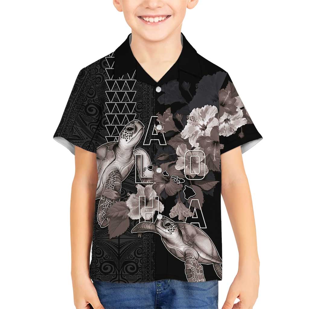 Hawaii Aloha Turtle Hibiscus and Leaves Family Matching Off Shoulder Short Dress and Hawaiian Shirt with Polynesian and Kakau Tattoos Black Color - Polynesian Pride