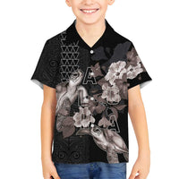 Hawaii Aloha Turtle Hibiscus and Leaves Family Matching Off Shoulder Short Dress and Hawaiian Shirt with Polynesian and Kakau Tattoos Black Color - Polynesian Pride