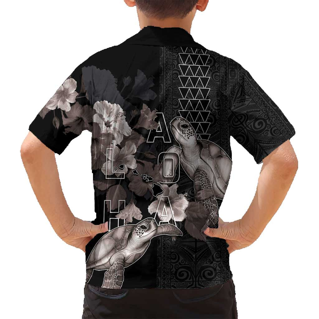 Hawaii Aloha Turtle Hibiscus and Leaves Family Matching Puletasi and Hawaiian Shirt with Polynesian and Kakau Tattoos Black Color LT03 - Polynesian Pride