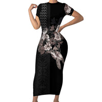 Hawaii Aloha Turtle Hibiscus and Leaves Family Matching Short Sleeve Bodycon Dress and Hawaiian Shirt with Polynesian and Kakau Tattoos Black Color - Polynesian Pride