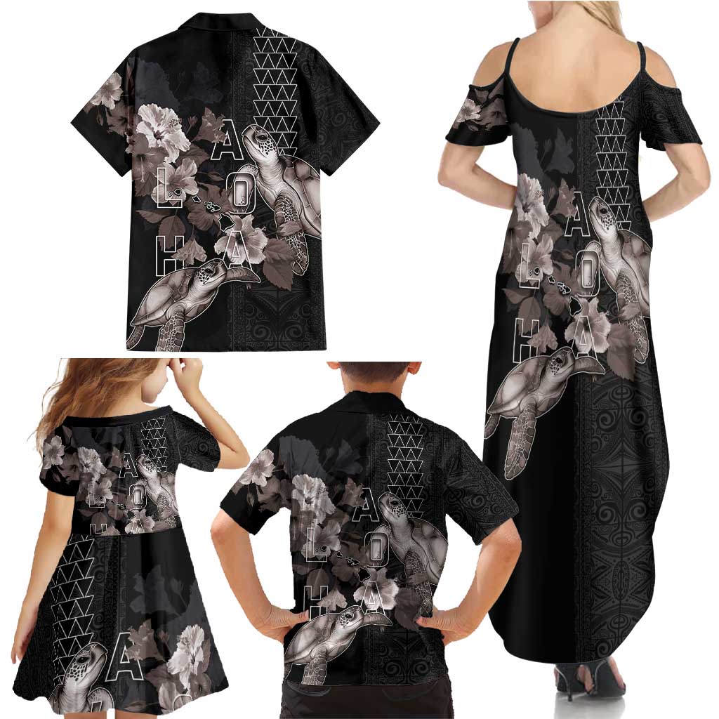 Hawaii Aloha Turtle Hibiscus and Leaves Family Matching Summer Maxi Dress and Hawaiian Shirt with Polynesian and Kakau Tattoos Black Color - Polynesian Pride