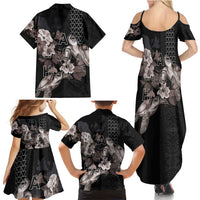 Hawaii Aloha Turtle Hibiscus and Leaves Family Matching Summer Maxi Dress and Hawaiian Shirt with Polynesian and Kakau Tattoos Black Color - Polynesian Pride