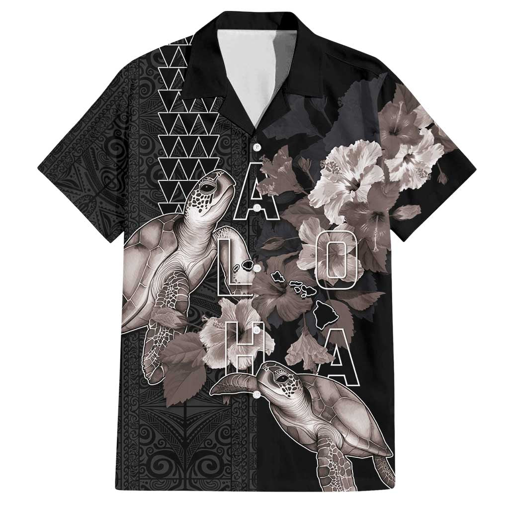 Hawaii Aloha Turtle Hibiscus and Leaves Family Matching Summer Maxi Dress and Hawaiian Shirt with Polynesian and Kakau Tattoos Black Color - Polynesian Pride