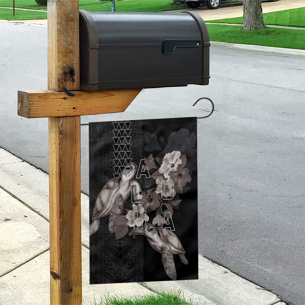 Hawaii Aloha Turtle Hibiscus and Leaves Garden Flag with Polynesian and Kakau Tattoos Black Color - Polynesian Pride