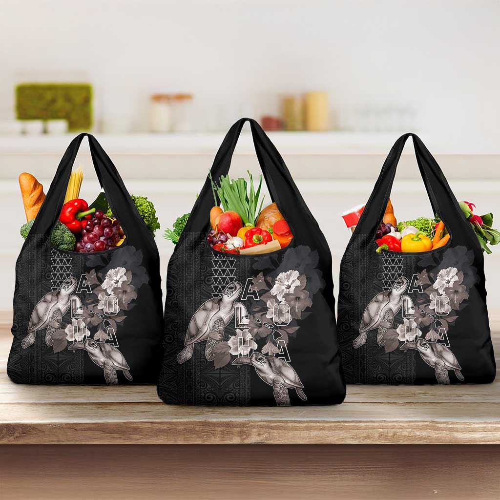 Hawaii Aloha Turtle Hibiscus and Leaves Grocery Bag with Polynesian and Kakau Tattoos Black Color - Polynesian Pride