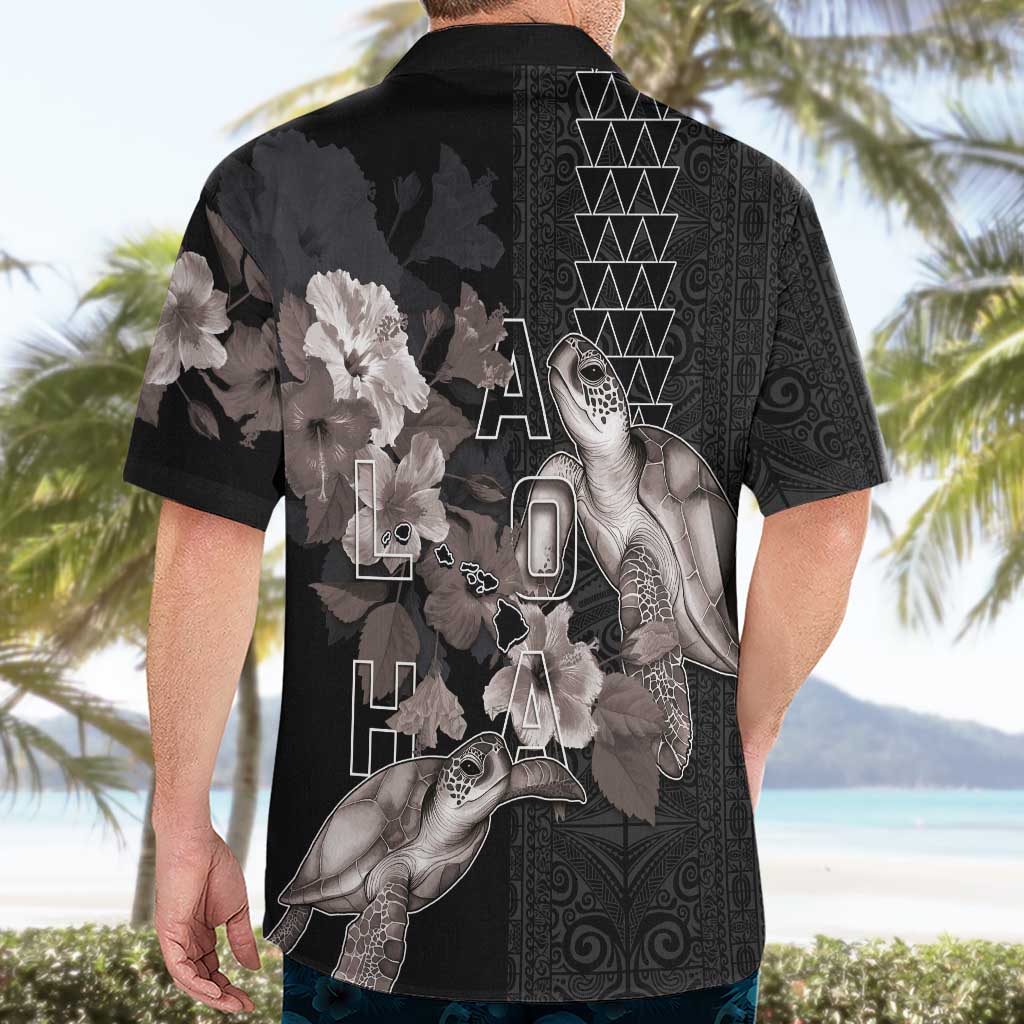 Hawaii Aloha Turtle Hibiscus and Leaves Hawaiian Shirt with Polynesian and Kakau Tattoos Black Color - Polynesian Pride