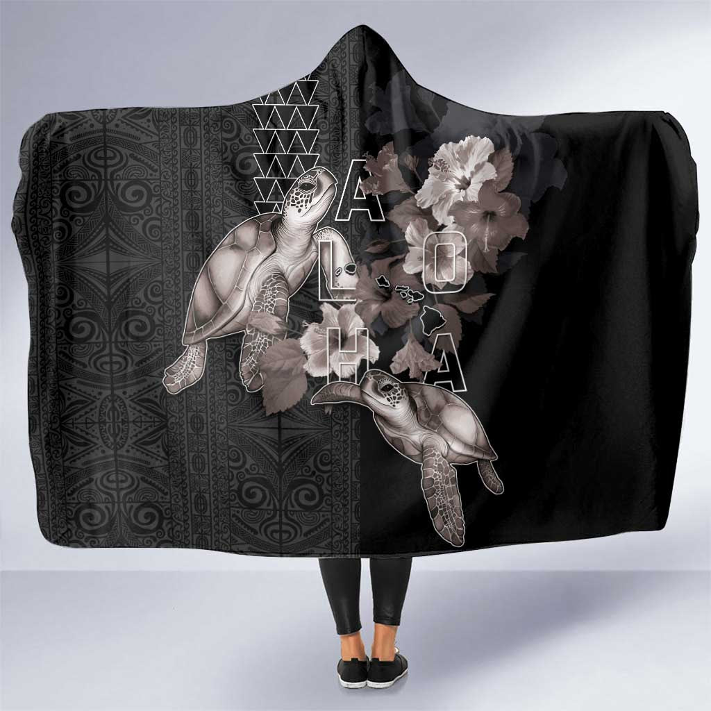 Hawaii Aloha Turtle Hibiscus and Leaves Hooded Blanket with Polynesian and Kakau Tattoos Black Color - Polynesian Pride
