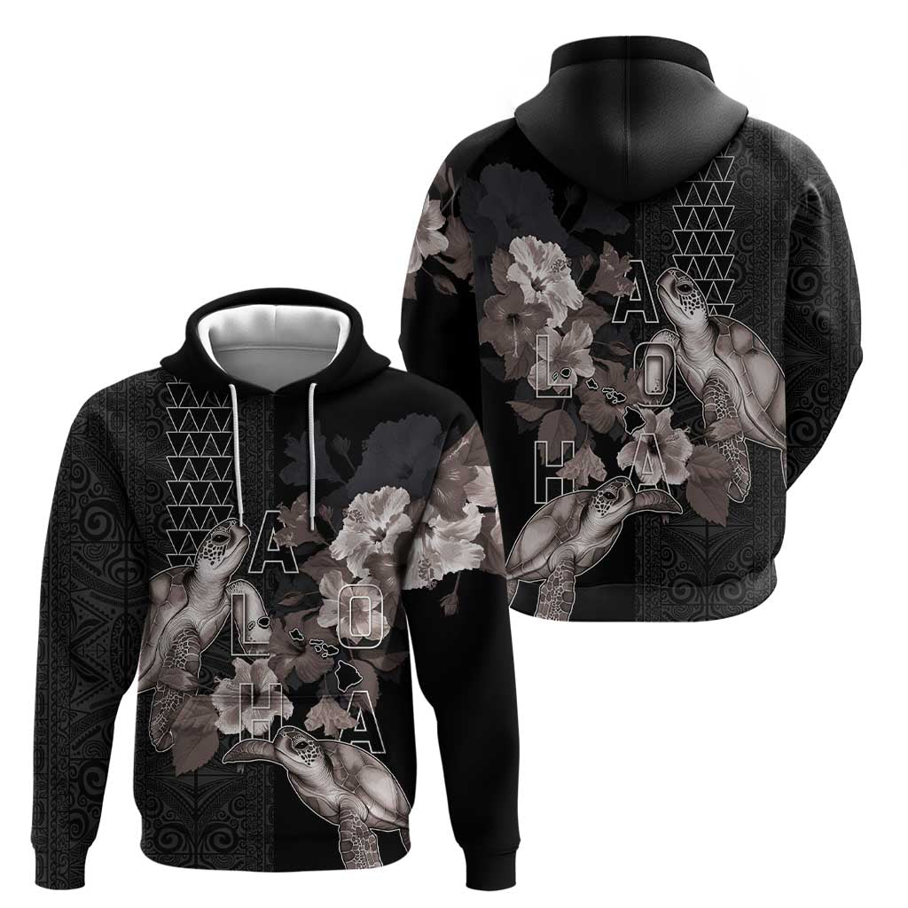 Hawaii Aloha Turtle Hibiscus and Leaves Hoodie with Polynesian and Kakau Tattoos Black Color - Polynesian Pride