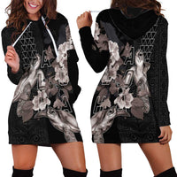Hawaii Aloha Turtle Hibiscus and Leaves Hoodie Dress with Polynesian and Kakau Tattoos Black Color - Polynesian Pride