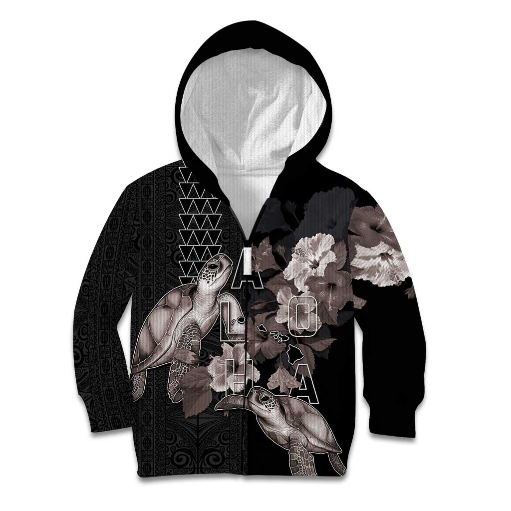 Hawaii Aloha Turtle Hibiscus and Leaves Kid Hoodie with Polynesian and Kakau Tattoos Black Color - Polynesian Pride