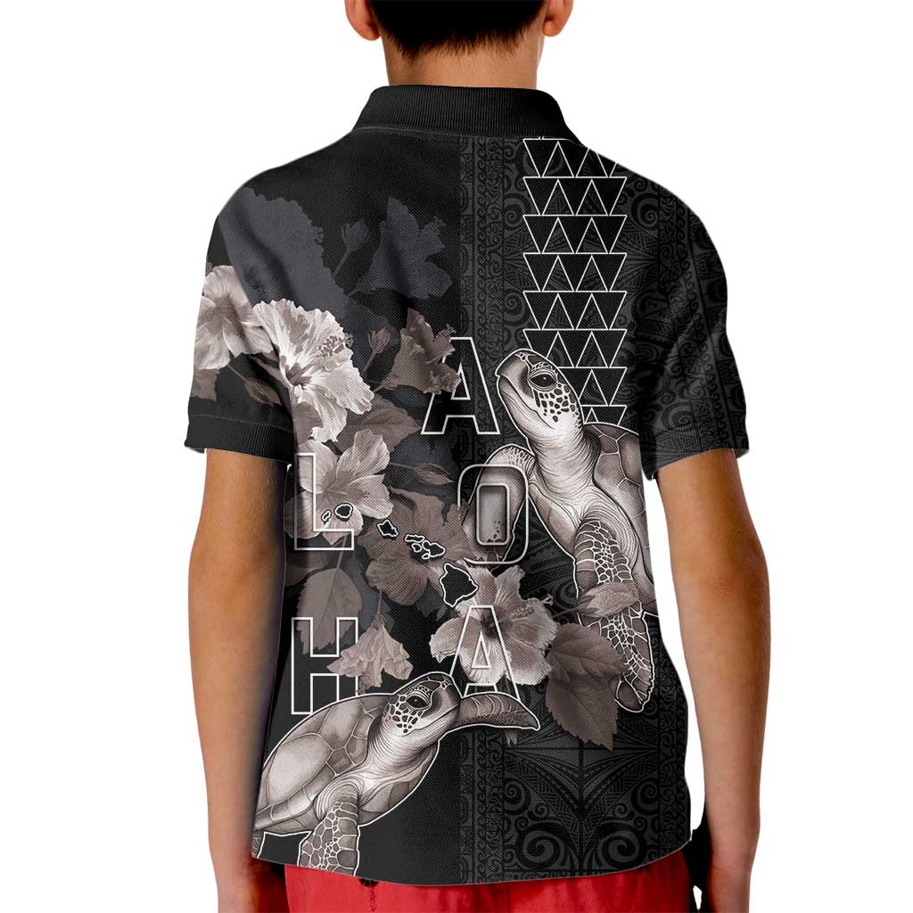 Hawaii Aloha Turtle Hibiscus and Leaves Kid Polo Shirt with Polynesian and Kakau Tattoos Black Color - Polynesian Pride