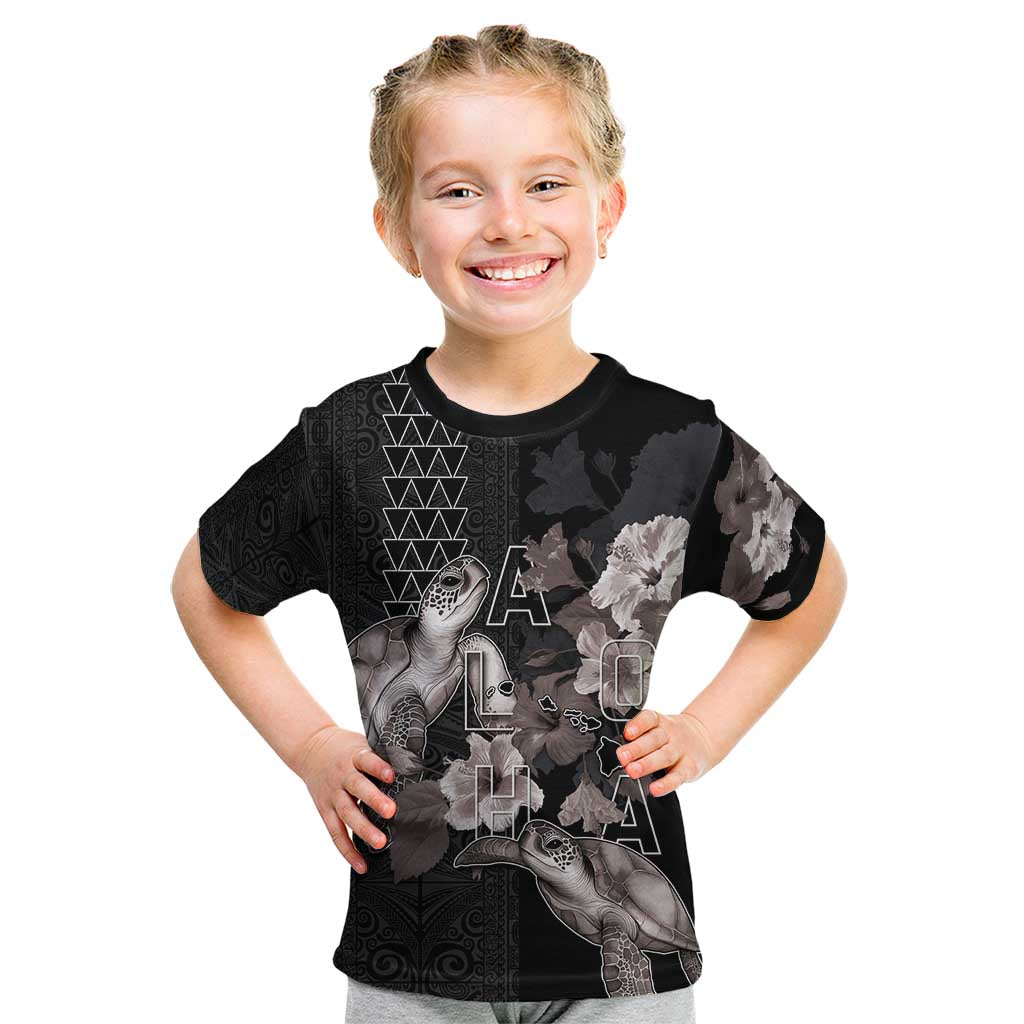 Hawaii Aloha Turtle Hibiscus and Leaves Kid T Shirt with Polynesian and Kakau Tattoos Black Color - Polynesian Pride
