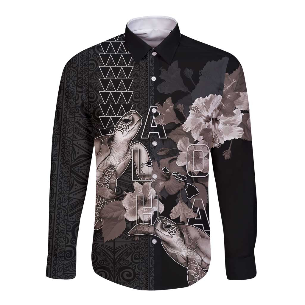 Hawaii Aloha Turtle Hibiscus and Leaves Long Sleeve Button Shirt with Polynesian and Kakau Tattoos Black Color - Polynesian Pride