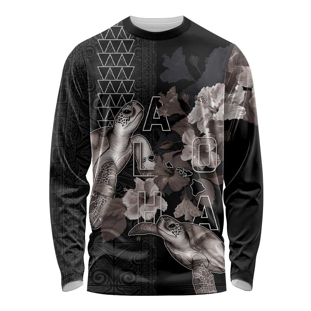 Hawaii Aloha Turtle Hibiscus and Leaves Long Sleeve Shirt with Polynesian and Kakau Tattoos Black Color - Polynesian Pride