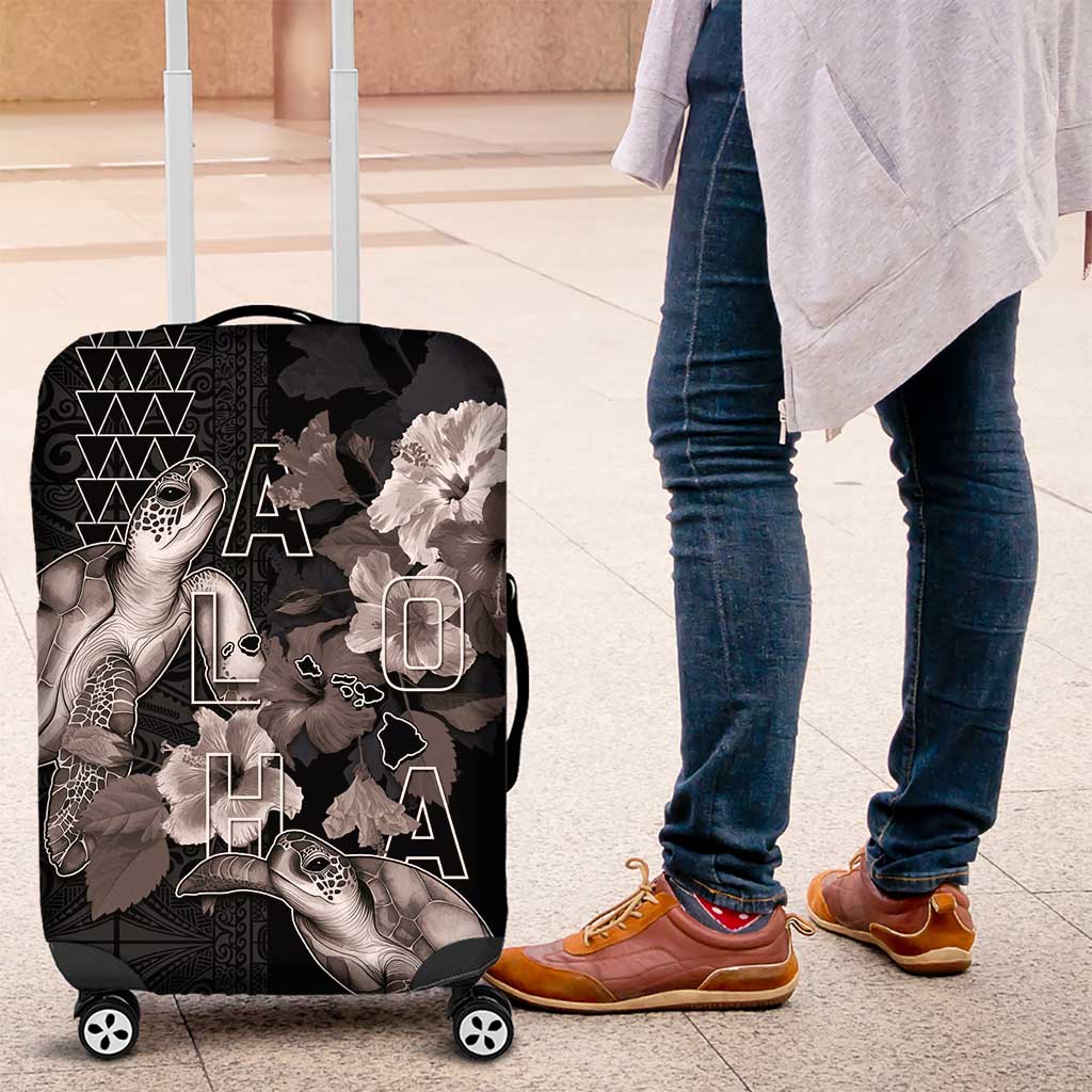 Hawaii Aloha Turtle Hibiscus and Leaves Luggage Cover with Polynesian and Kakau Tattoos Black Color - Polynesian Pride