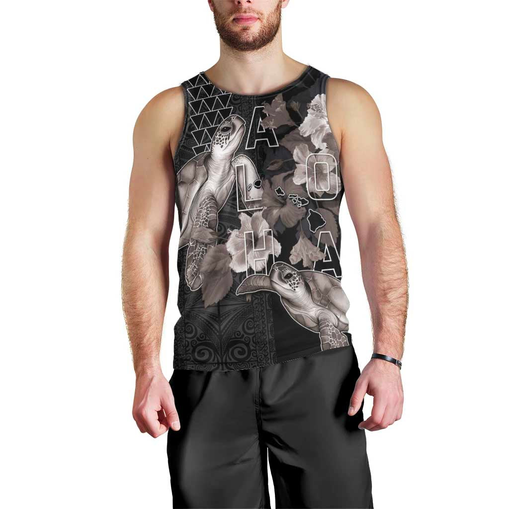 Hawaii Aloha Turtle Hibiscus and Leaves Men Tank Top with Polynesian and Kakau Tattoos Black Color - Polynesian Pride