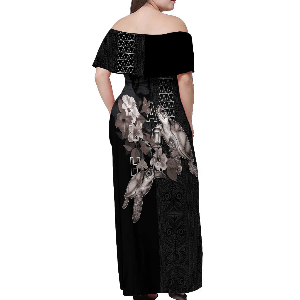 Hawaii Aloha Turtle Hibiscus and Leaves Off Shoulder Maxi Dress with Polynesian and Kakau Tattoos Black Color - Polynesian Pride