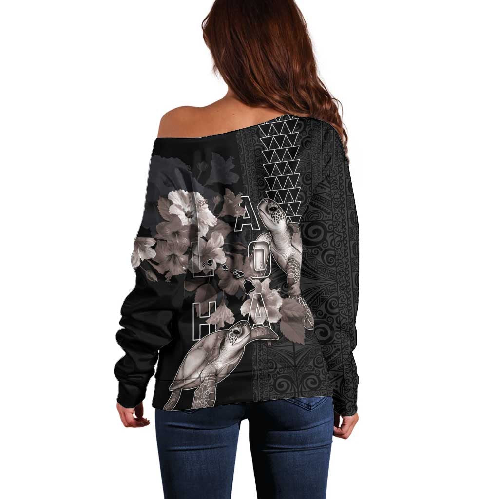 Hawaii Aloha Turtle Hibiscus and Leaves Off Shoulder Sweater with Polynesian and Kakau Tattoos Black Color - Polynesian Pride