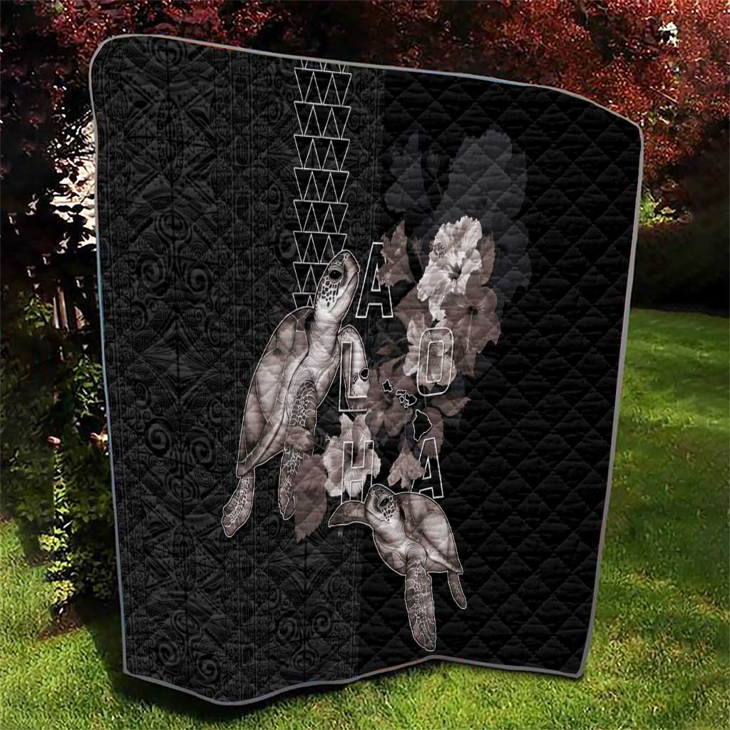 Hawaii Aloha Turtle Hibiscus and Leaves Quilt with Polynesian and Kakau Tattoos Black Color - Polynesian Pride