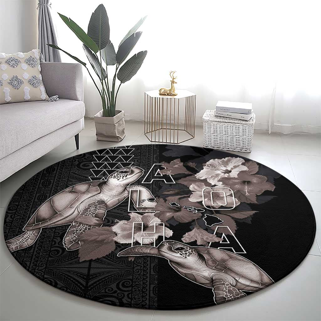 Hawaii Aloha Turtle Hibiscus and Leaves Round Carpet with Polynesian and Kakau Tattoos Black Color - Polynesian Pride